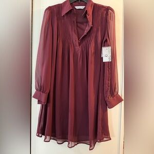Nine West Burgundy Chiffon Pleated Long-Sleeve Dress
